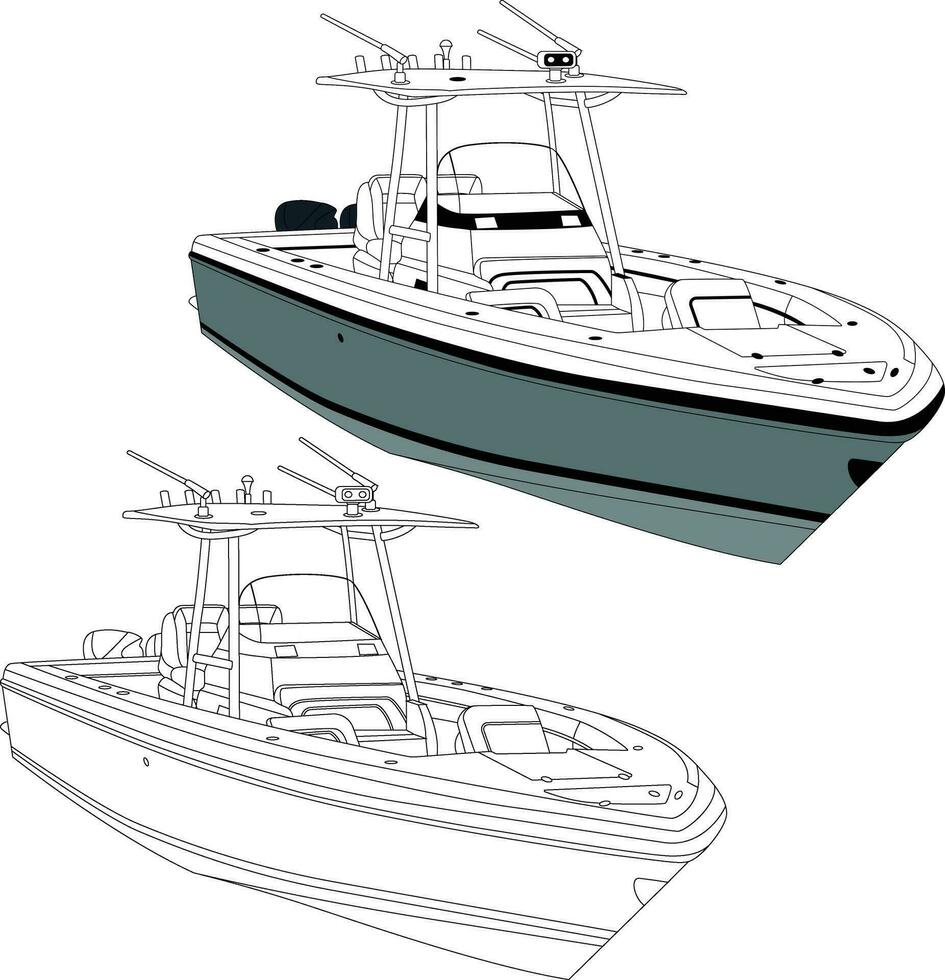 Fishing boat vector graphic, line art, and one-color