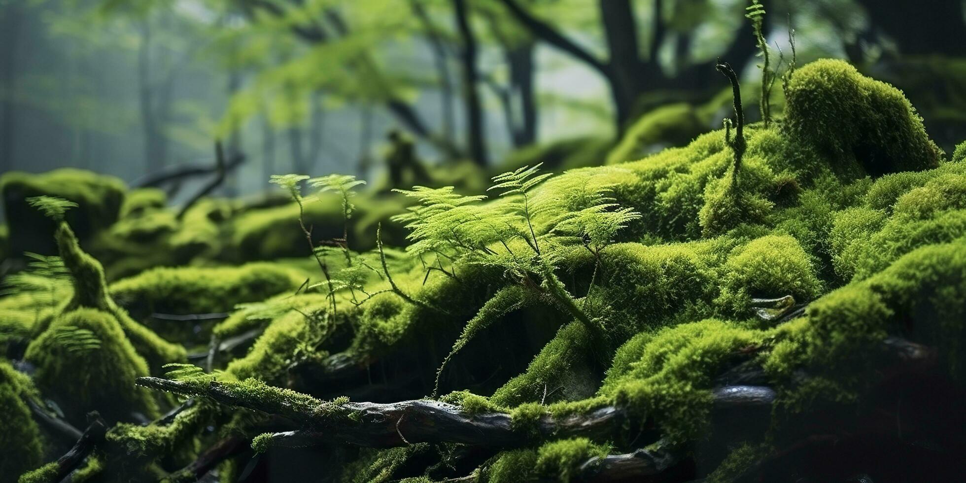 Green moss closeup, with a backdrop of woodland.  Forest in the national park. AI Generated photo