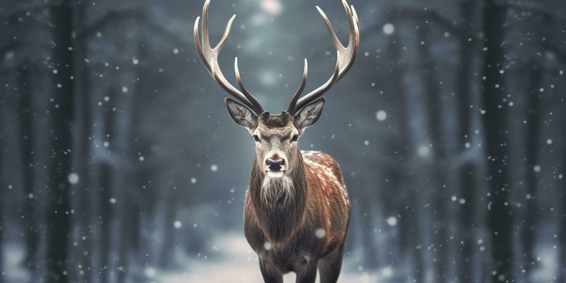 Noble deer male in the winter snow forest. Artistic winter Christmas landscape. AI Generated photo