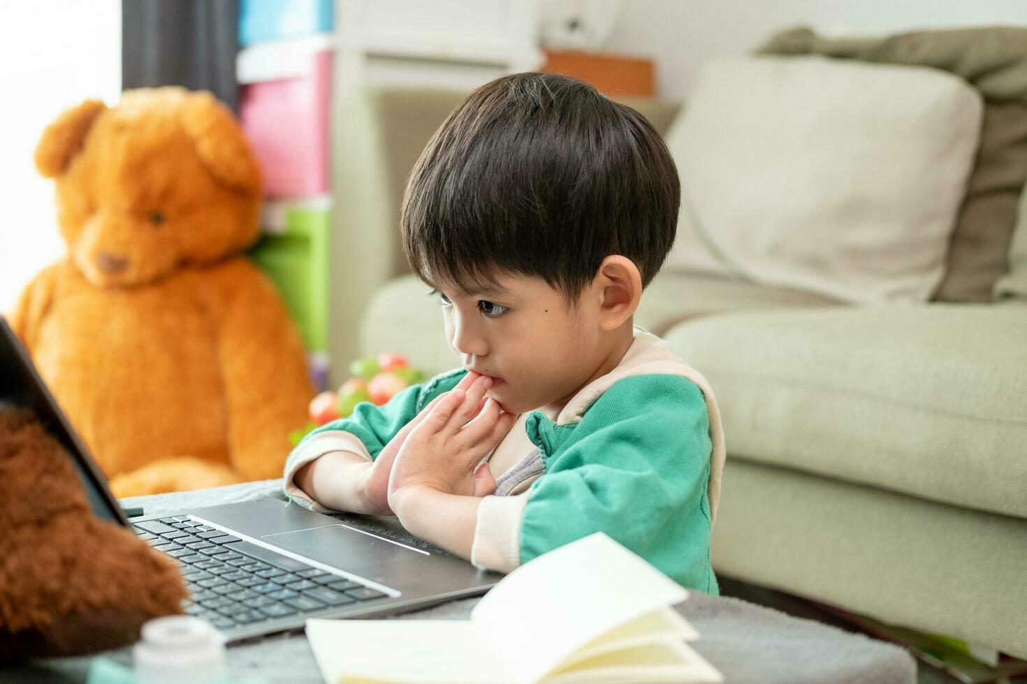 Asian boy studying online and doing activities on laptop photo