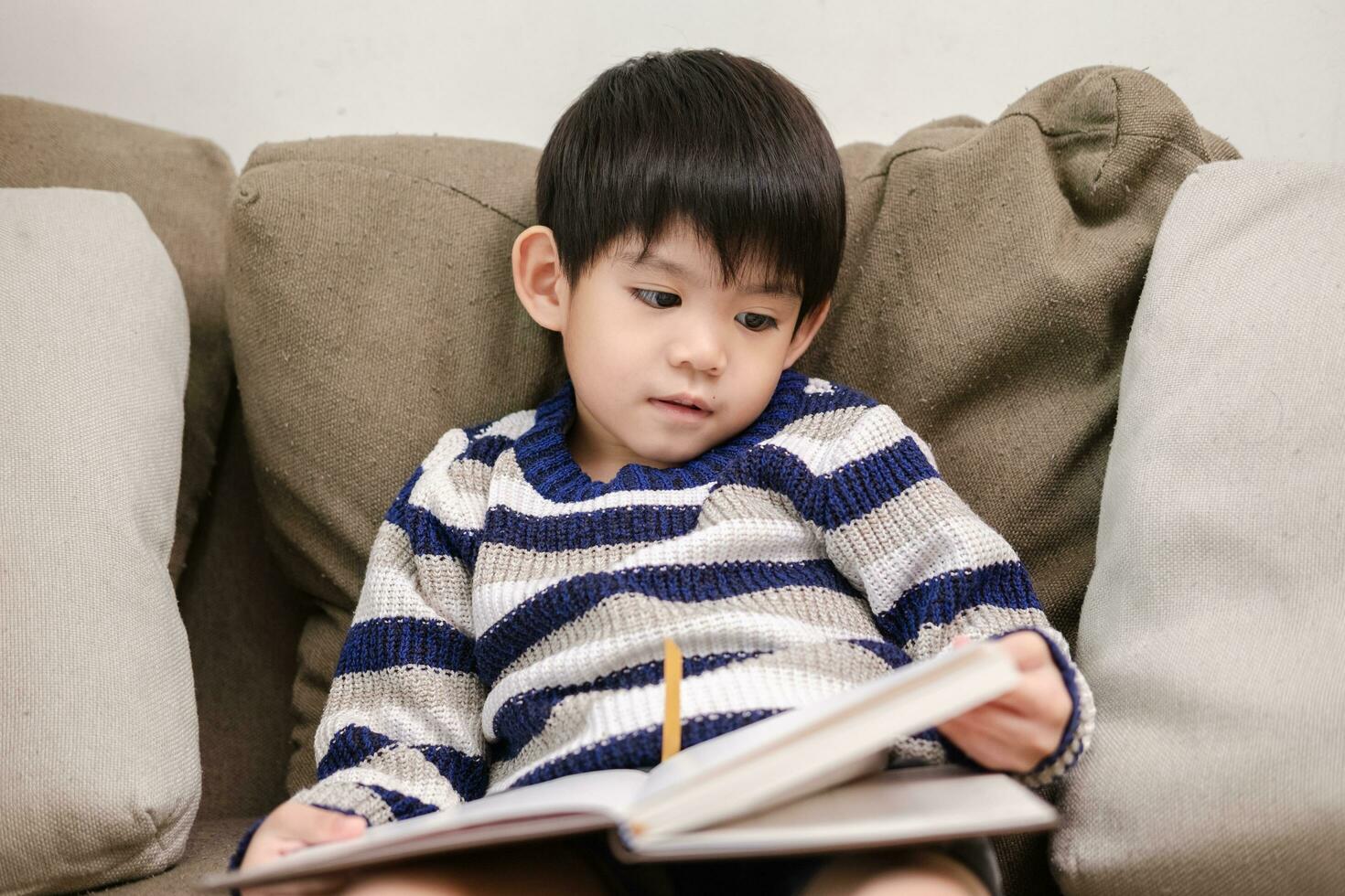 asiático chico leyendo un libro en el sofá aprendizaje fuera de el salón de clases foto