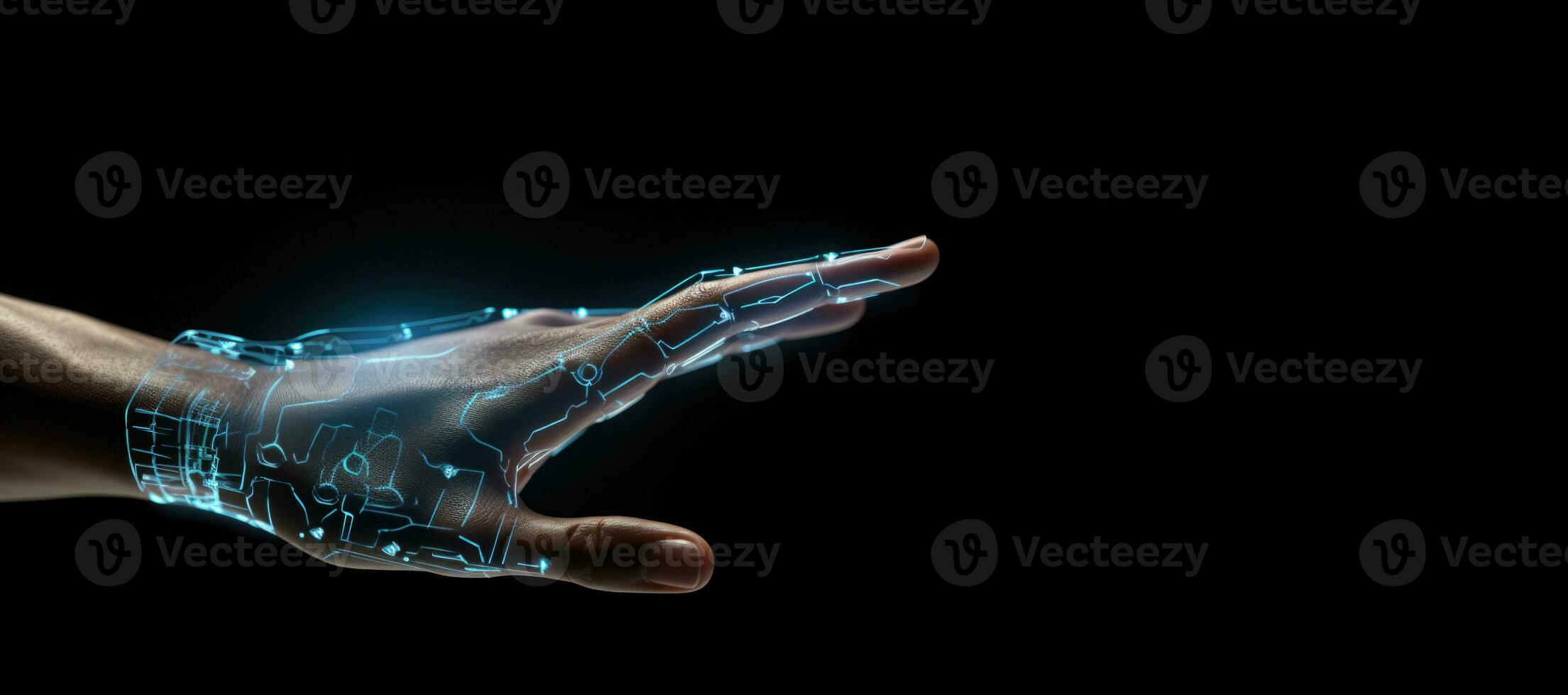 Robotic digital hand on dark background. Generative AI photo