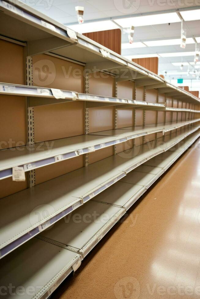 Food shortage. Empty supermarket shelves. Generative AI photo