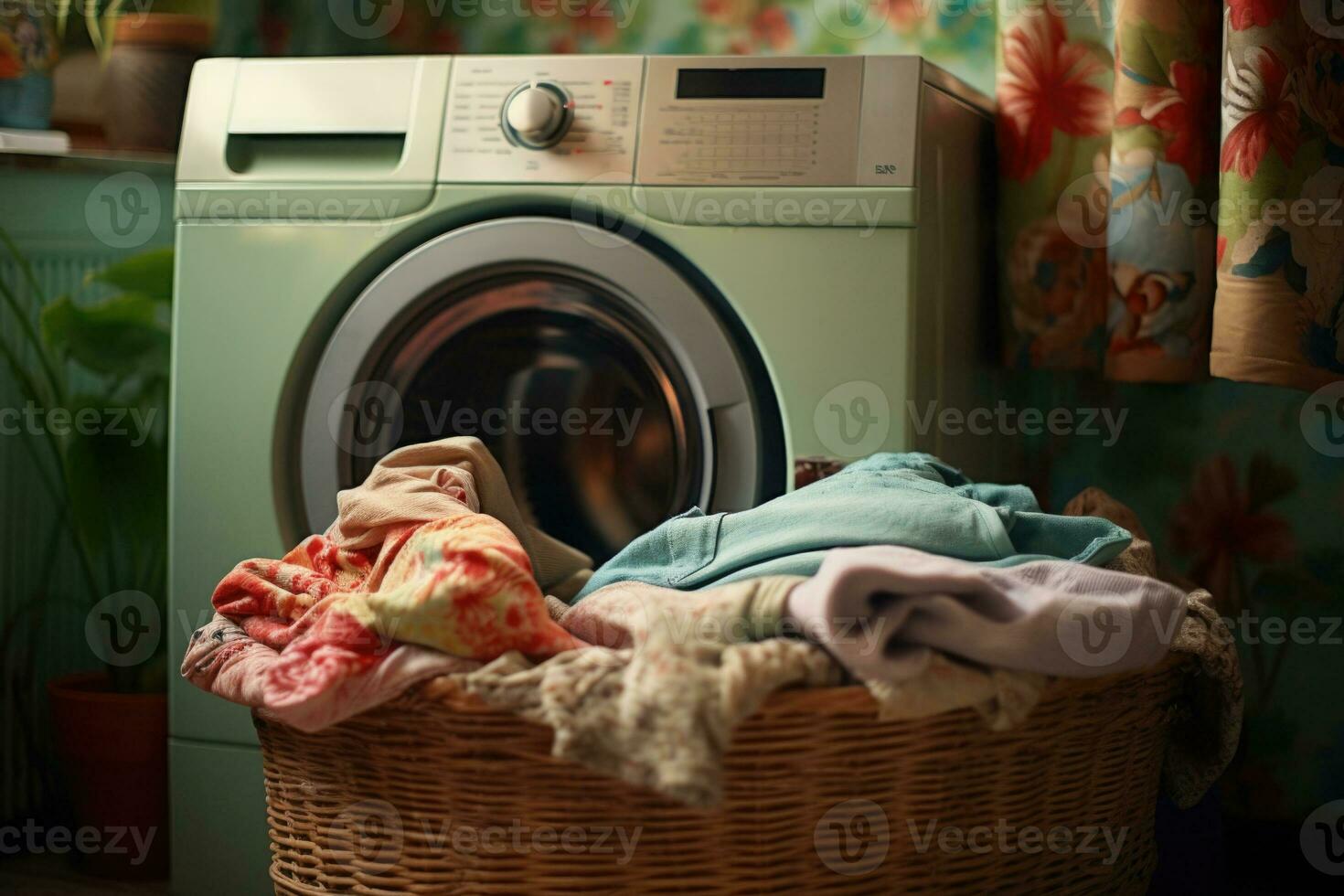 Laundry room with washing machine. Generative AI photo