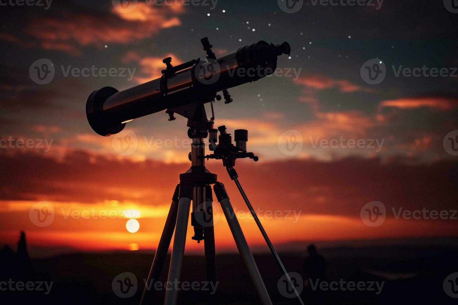 Telescope silhouette against night sky background. Generative AI photo