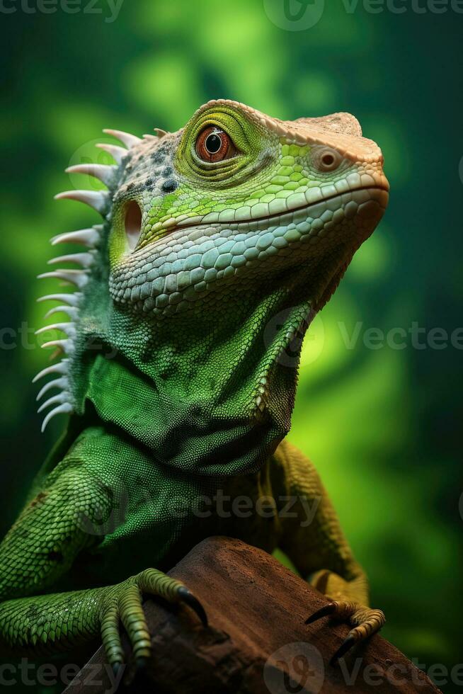 Lizard against green background. Generative AI photo