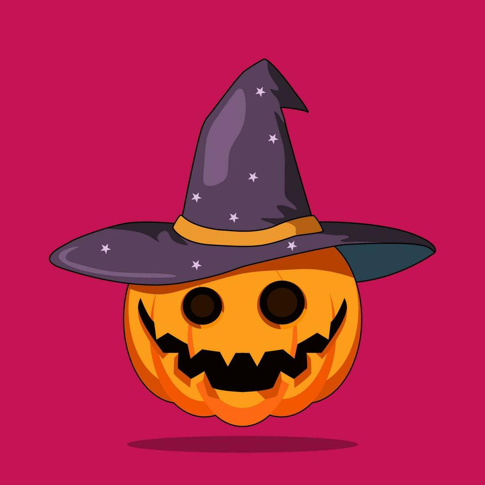 happy halloween pumpkin with witch hat, holidays cartoon character, element object decolation, sticker, vector illustration