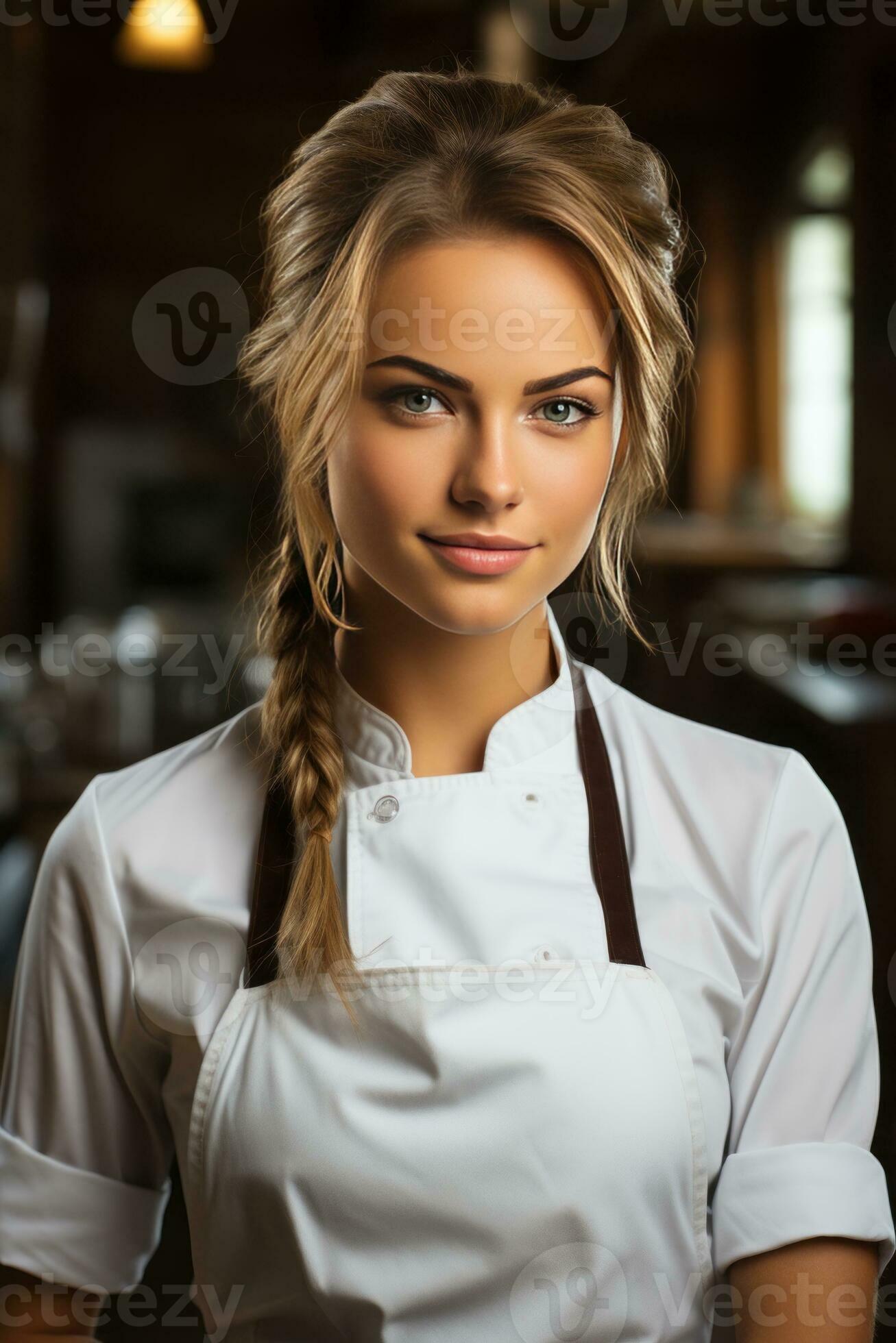 Beautiful young female chef in the kitchen, created with generative AI