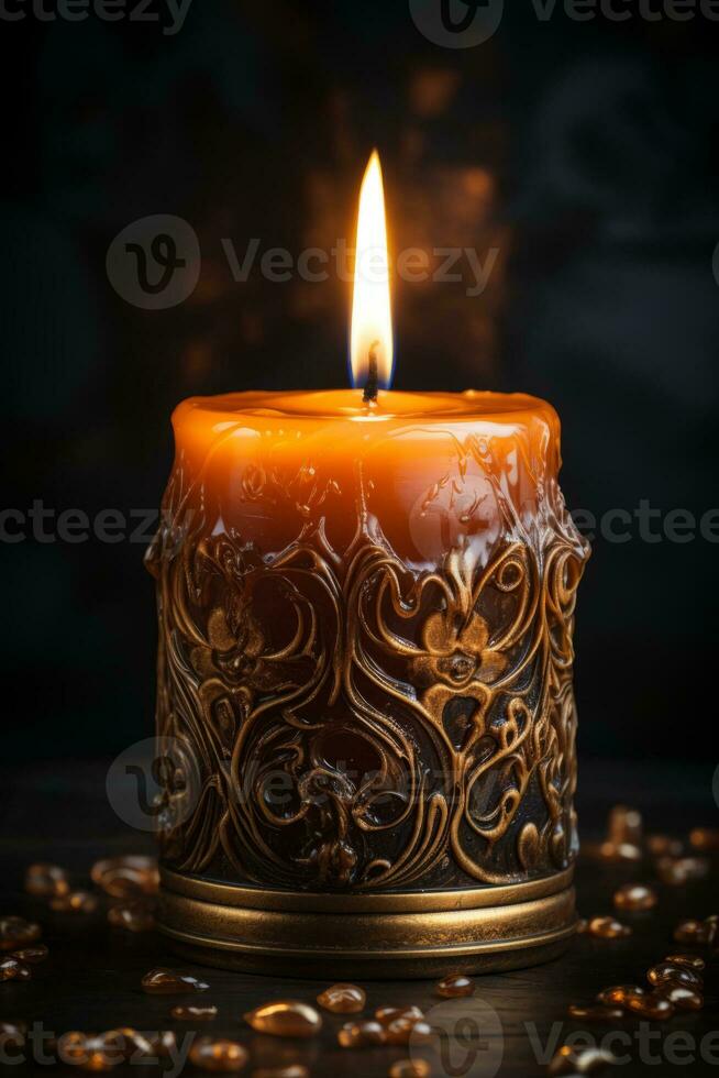 Candle in the dark room, created with generative AI photo