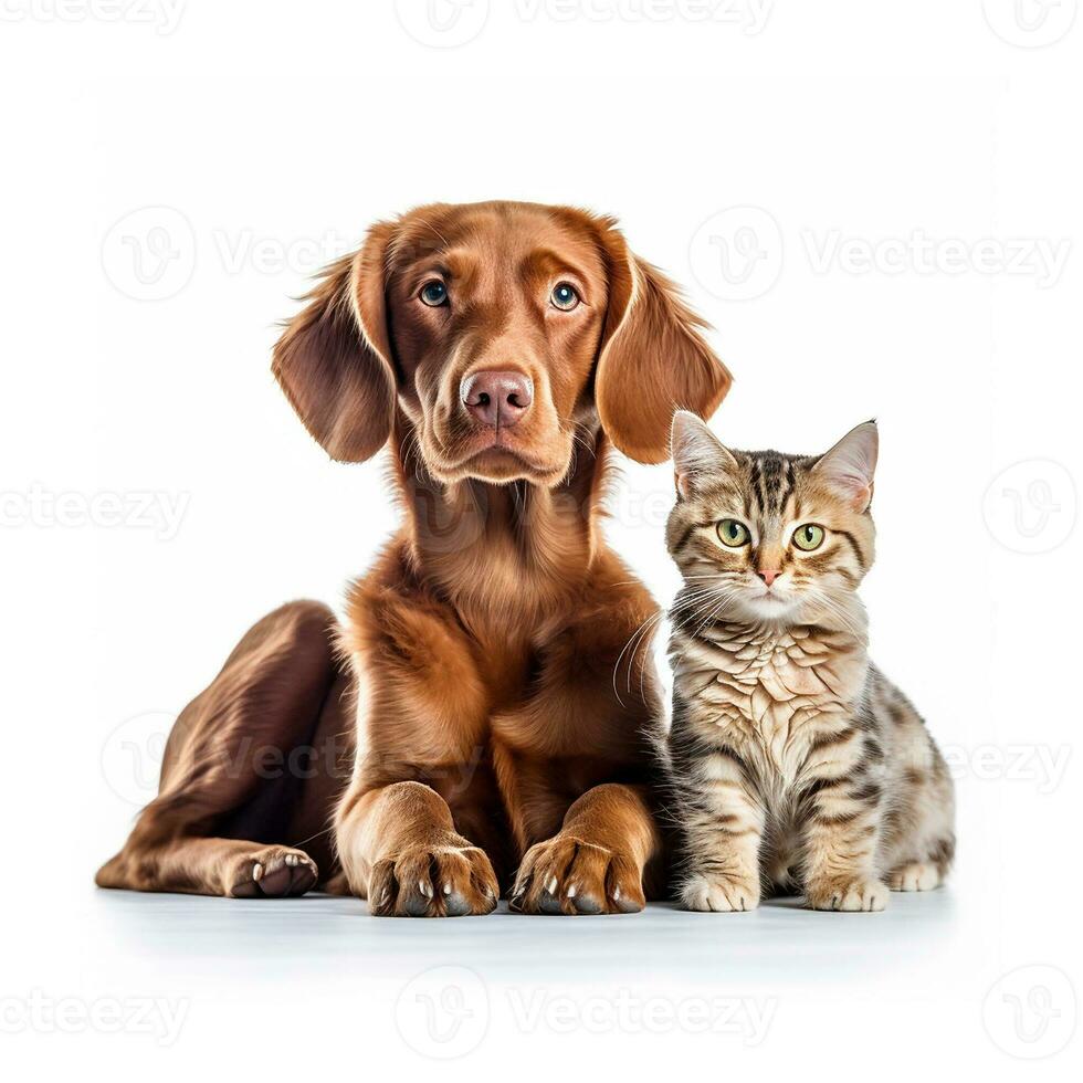 gato y perro amigos aislado en blanco fondo, creado con generativo ai foto