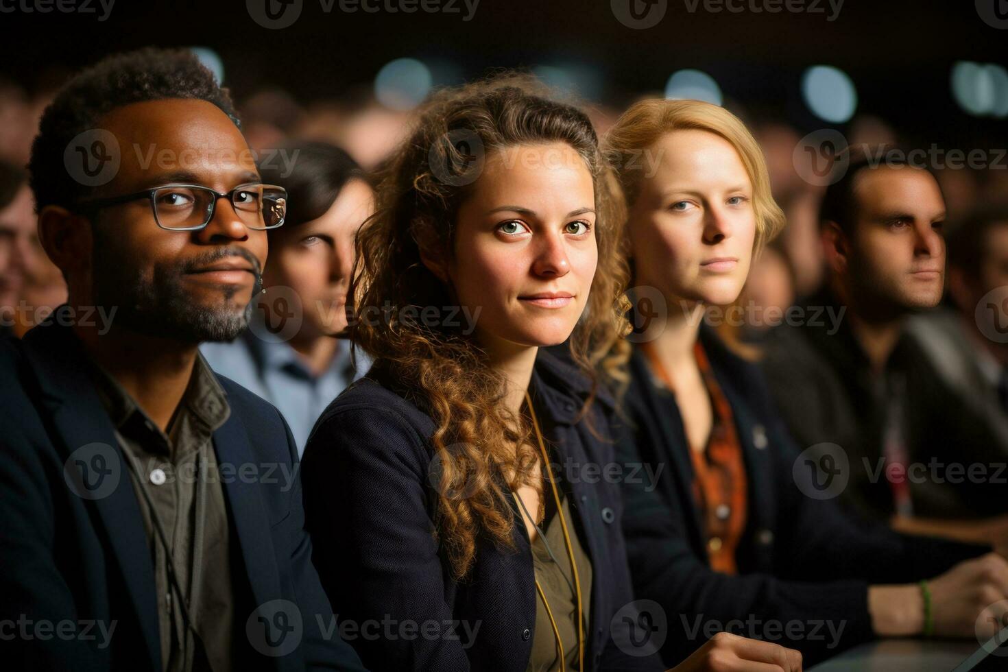 Conference hall audience full of tech people, created with generative AI photo