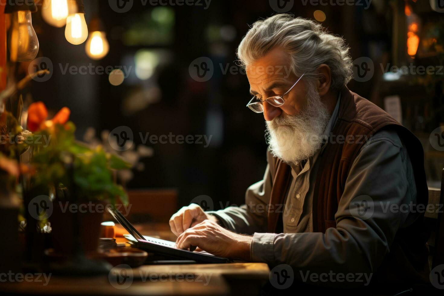 Old man working on notebook computer in cafe, created with generative AI photo