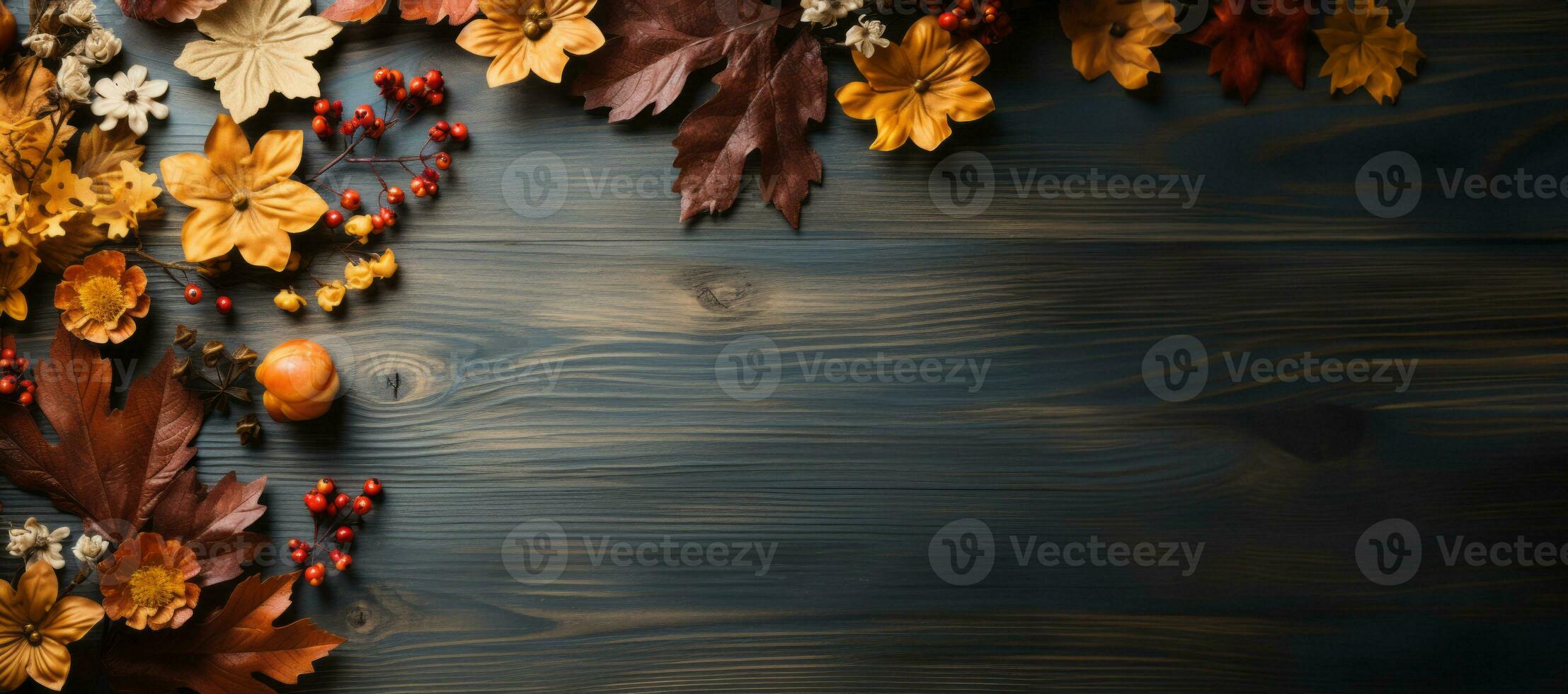 Flat lay autumn theme on a wooden desk, created with generative AI photo