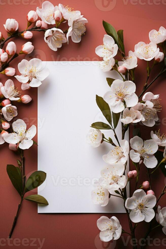 Empty blank white paper with flower decoration, created with generative AI photo