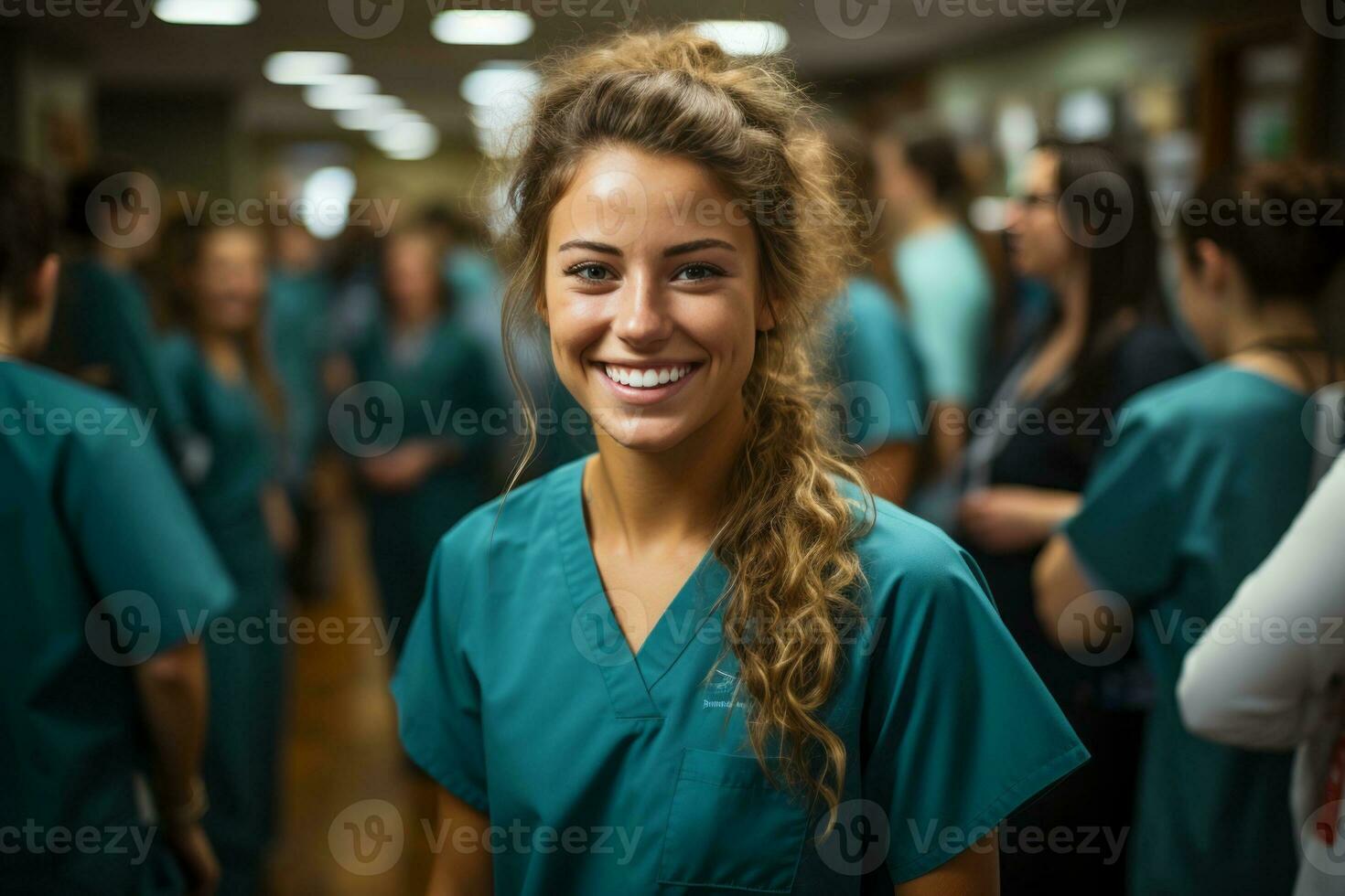 Young nursing student standing in front of her team, created with generative AI photo