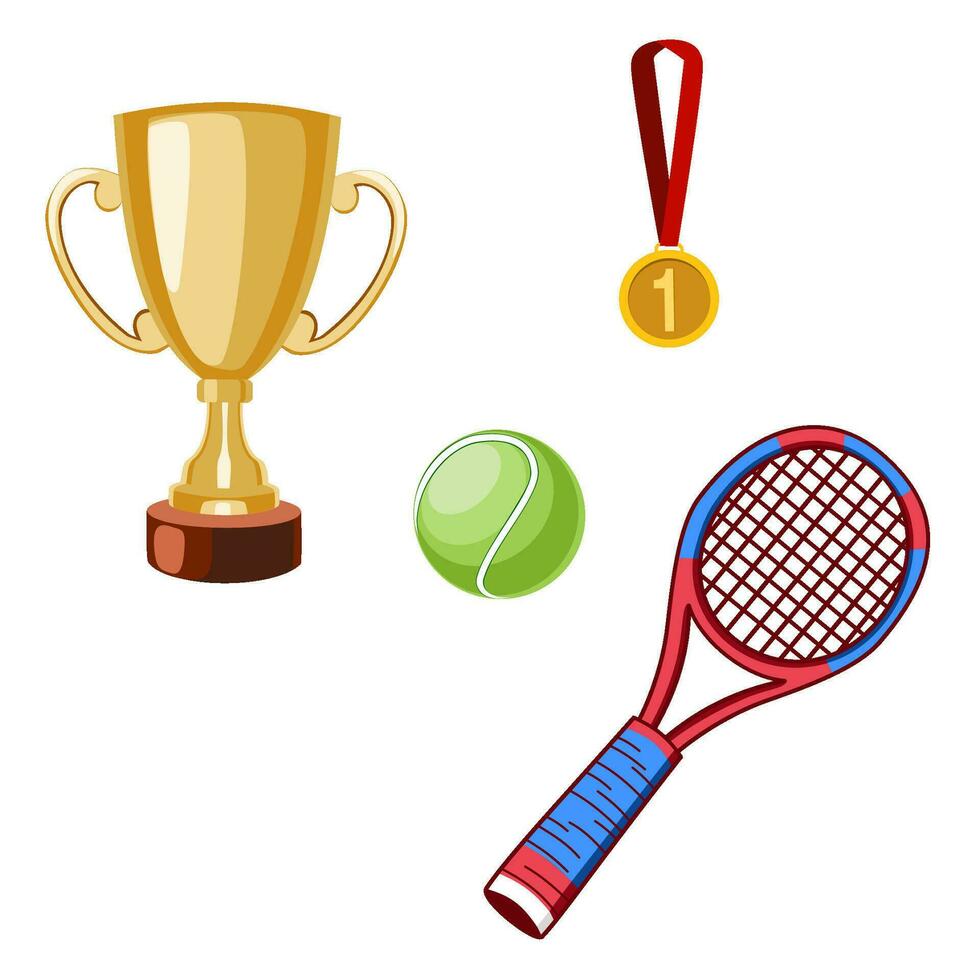 Tennis winner set. Cartoon set of tennis sport equipment vector