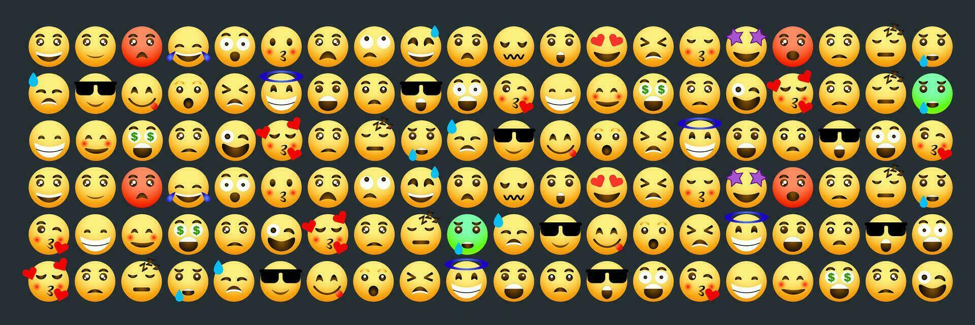 A large collection of 120 emoticon icons with various expression styles. A collection of cartoon emojis suitable for social media needs. A collection of vector emoticons