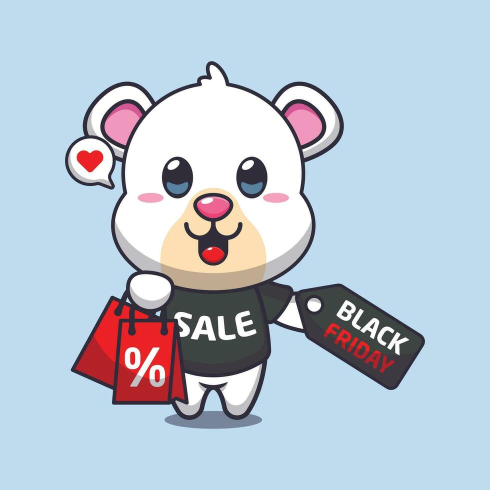 linda polar oso con compras bolso y negro viernes rebaja descuento dibujos animados vector ilustración