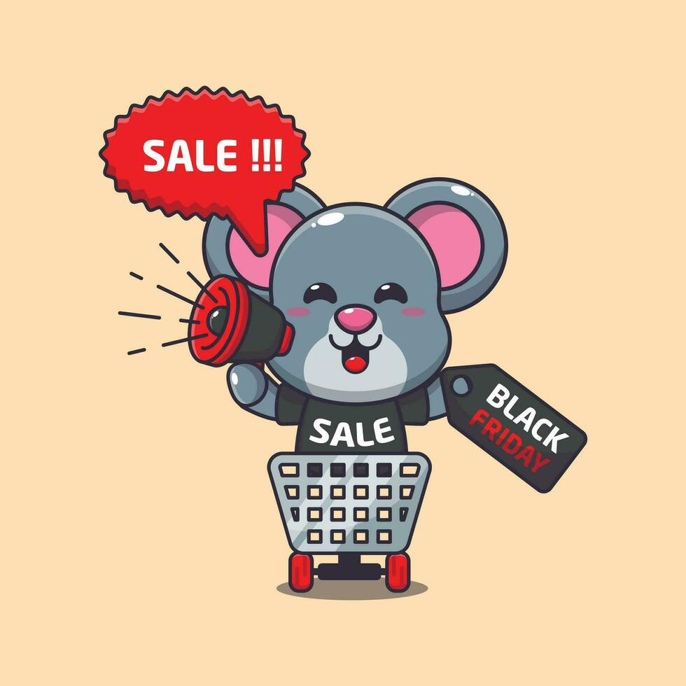 cute mouse in shopping cart is promoting black friday sale with megaphone cartoon vector illustration