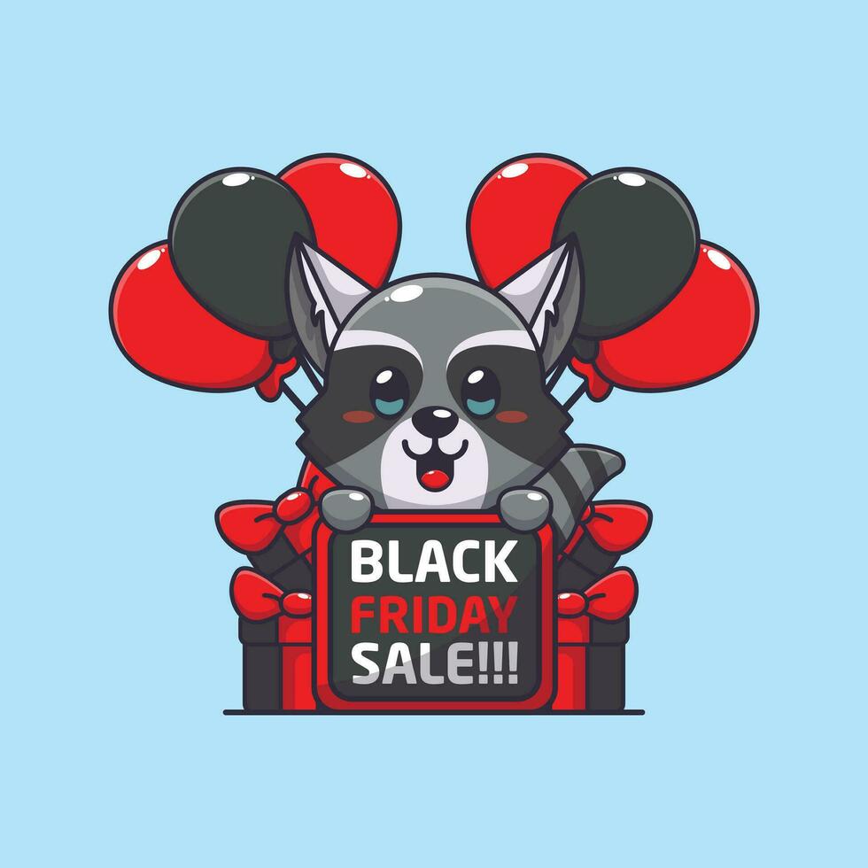 cute raccoon happy in black friday sale cartoon vector illustration