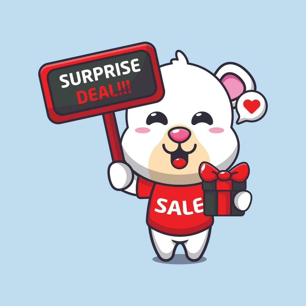 cute polar bear with promotion sign and gift box in black friday sale cartoon vector illustration