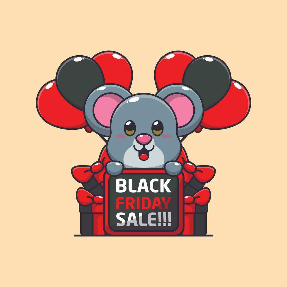 cute mouse happy in black friday sale cartoon vector illustration