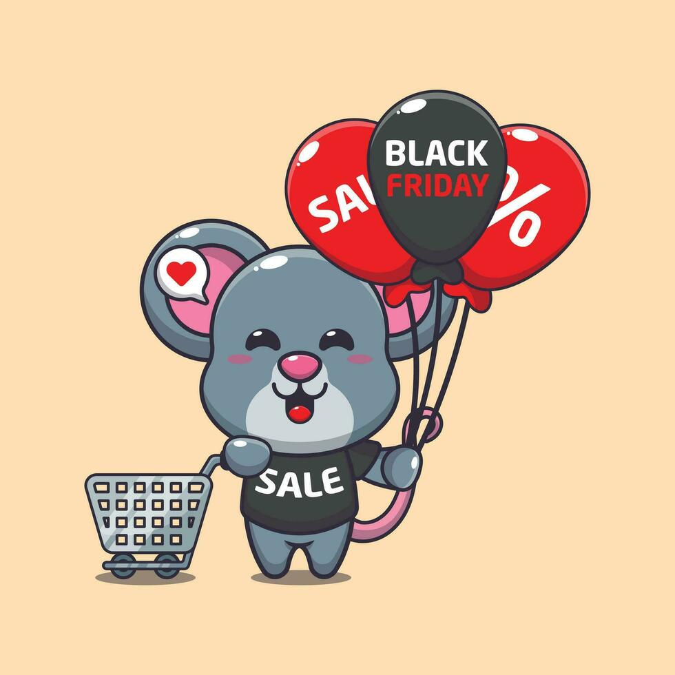 cute mouse with shopping cart and balloon at black friday sale cartoon vector illustration