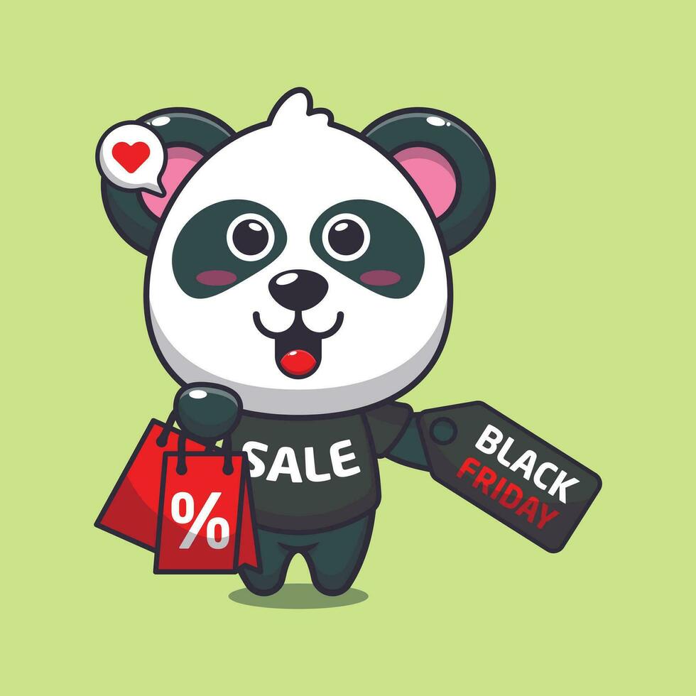 cute panda with shopping bag and black friday sale discount cartoon vector illustration