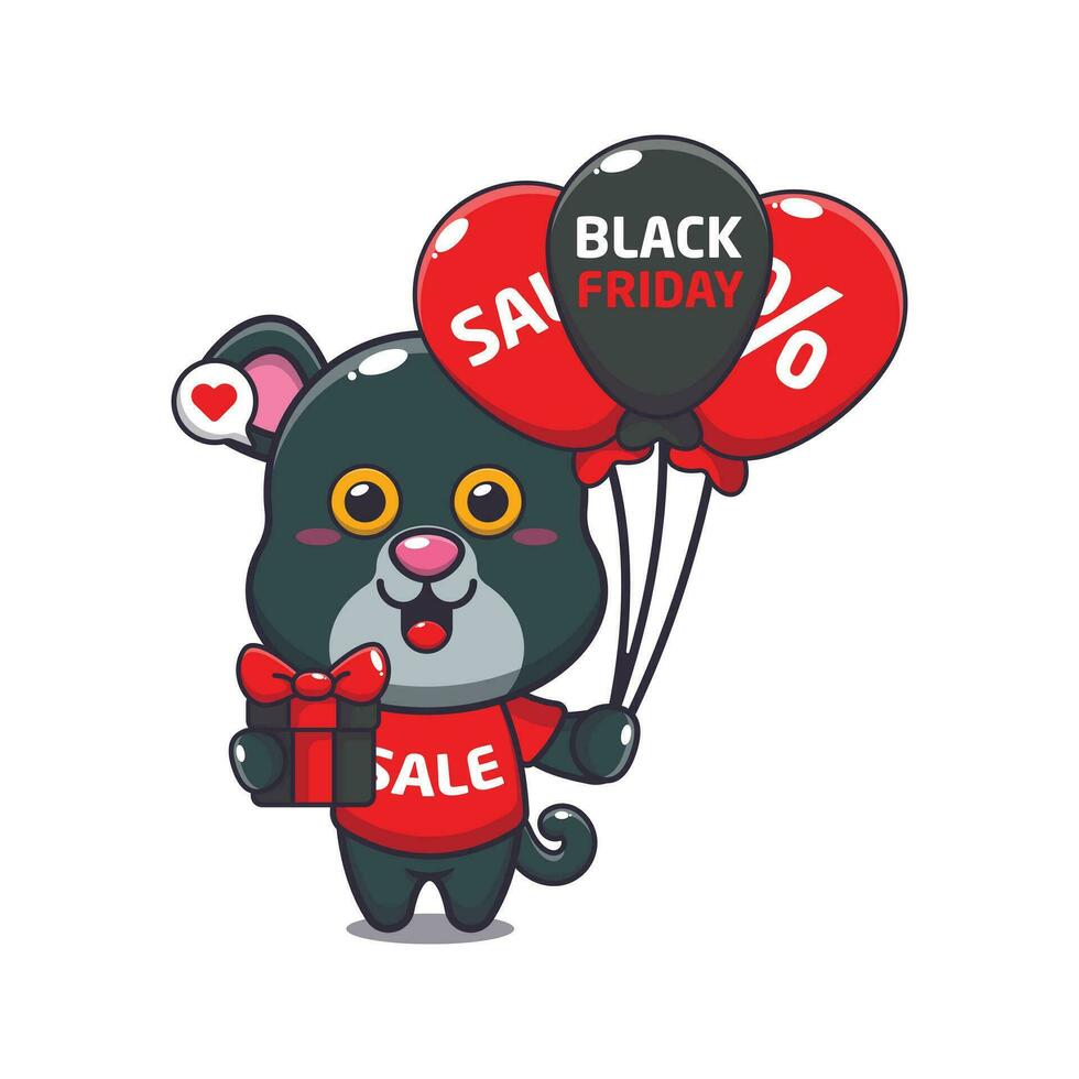 cute panther with gifts and balloons in black friday sale cartoon vector illustration