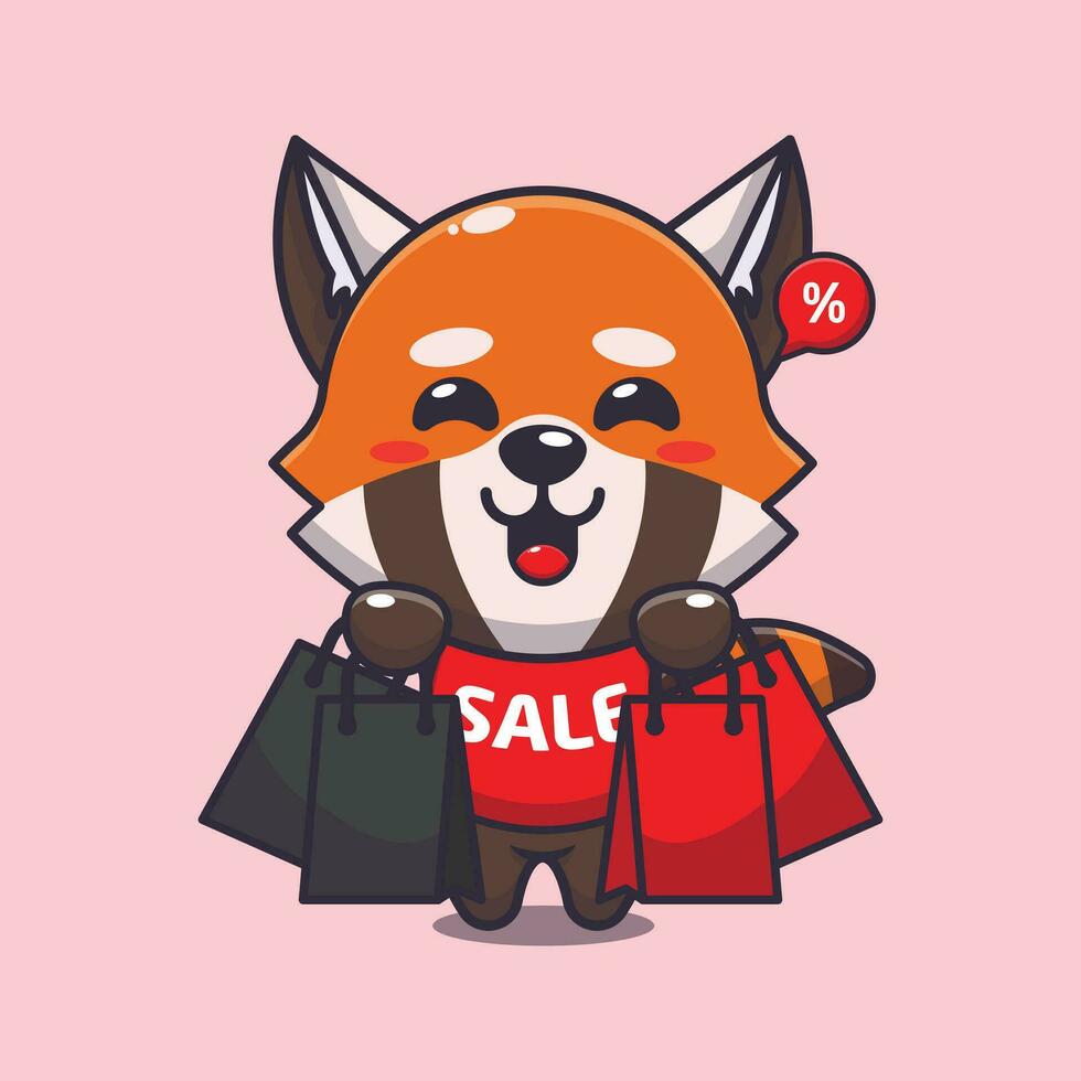 cute red panda with shopping bag in black friday sale cartoon vector illustration