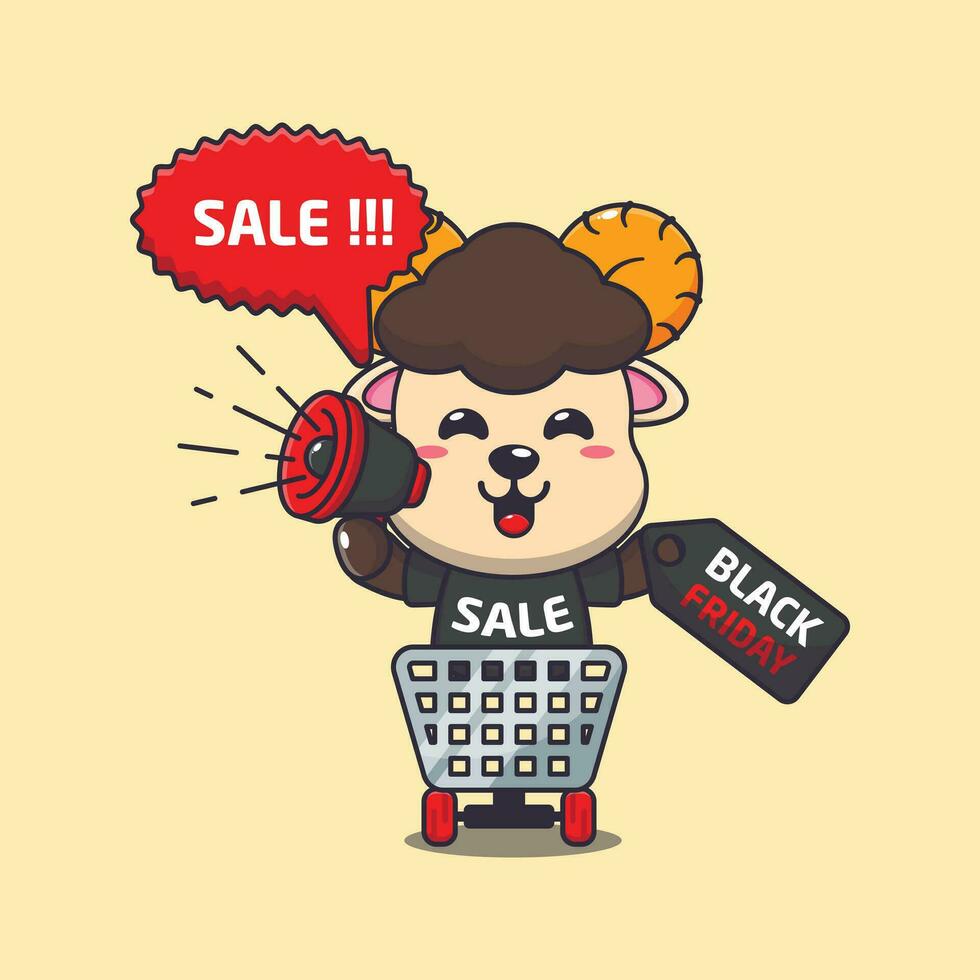 cute ram sheep in shopping cart is promoting black friday sale with megaphone cartoon vector illustration