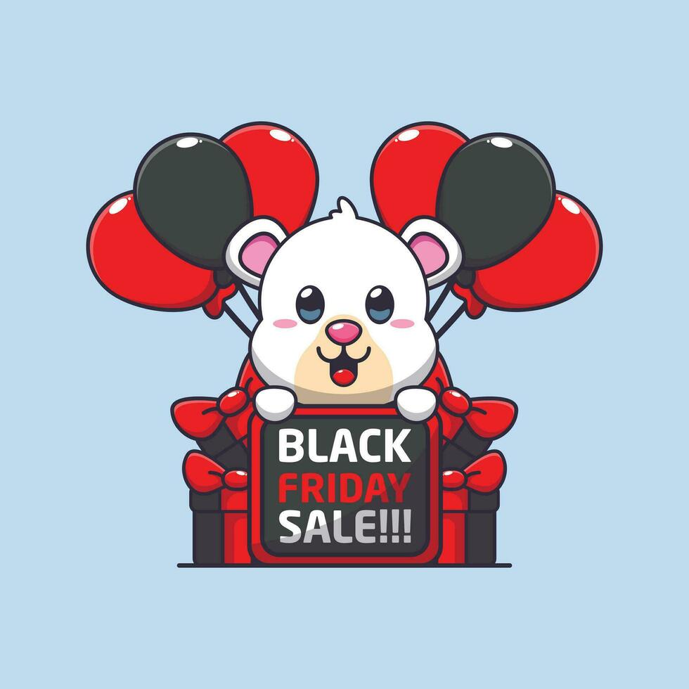 cute polar bear happy in black friday sale cartoon vector illustration