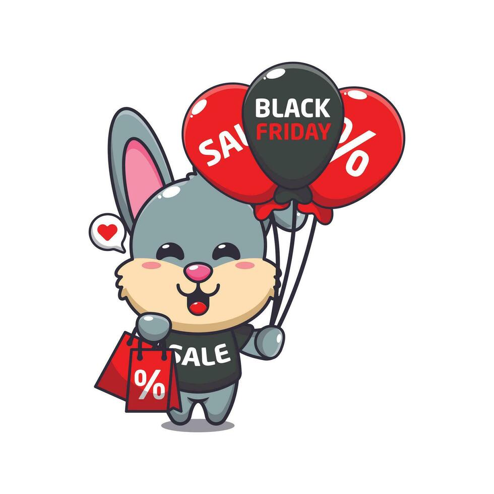 cute rabbit with shopping bag and balloon at black friday sale cartoon vector illustration