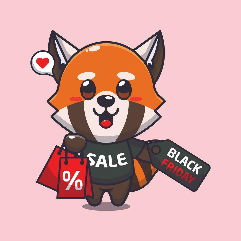 cute red panda with shopping bag and black friday sale discount cartoon vector illustration