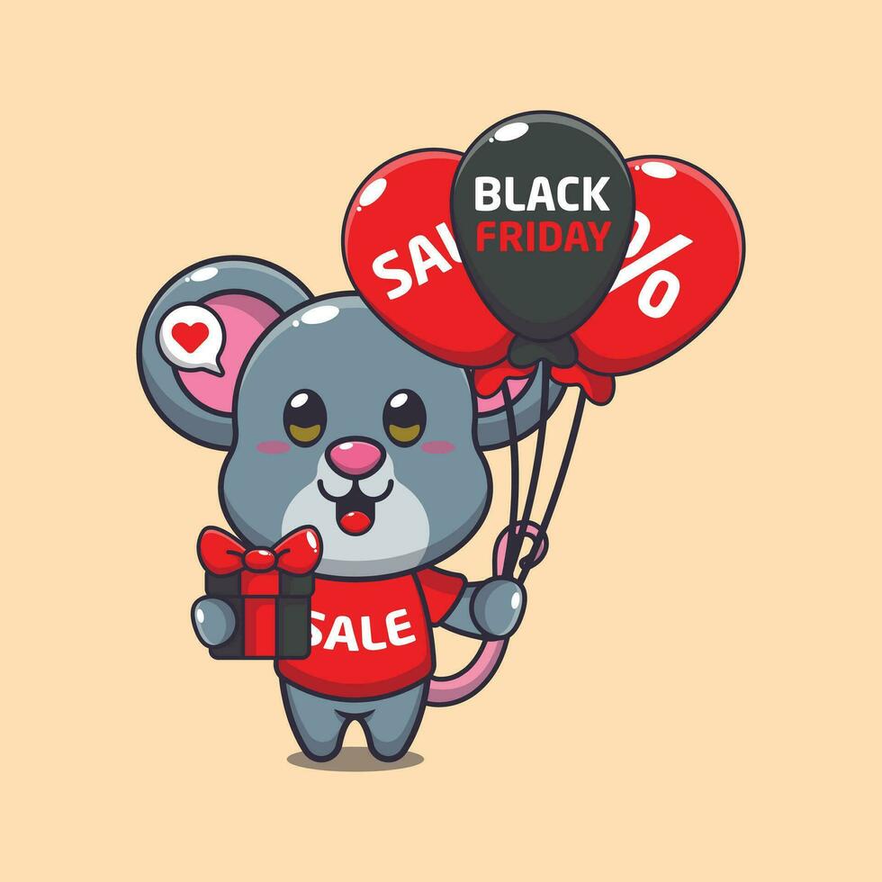 cute mouse with gifts and balloons in black friday sale cartoon vector illustration