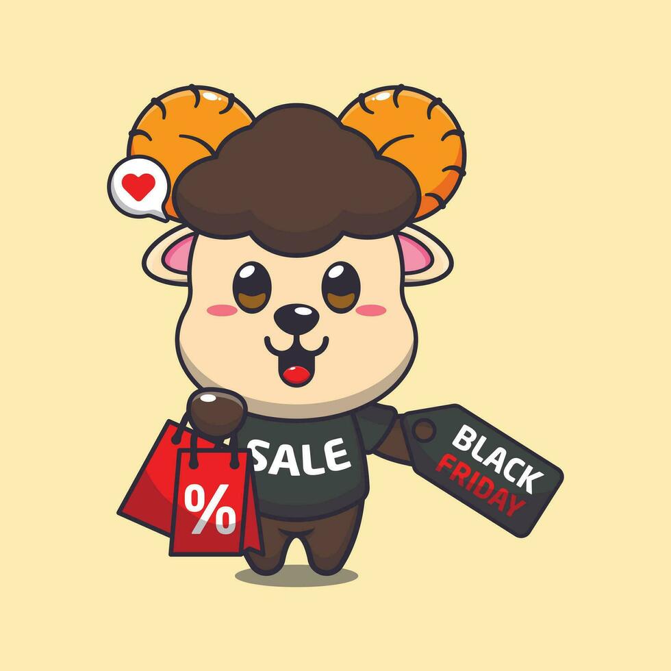 cute ram sheep with shopping bag and black friday sale discount cartoon vector illustration