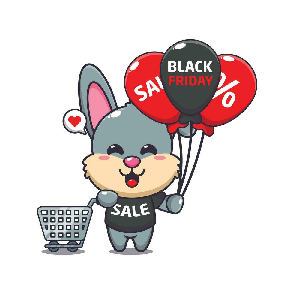 cute rabbit with shopping cart and balloon at black friday sale cartoon vector illustration