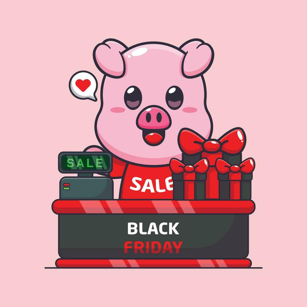 cute pig with cashier table in black friday sale cartoon vector illustration