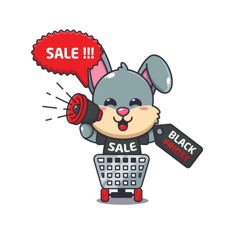cute rabbit in shopping cart is promoting black friday sale with megaphone cartoon vector illustration