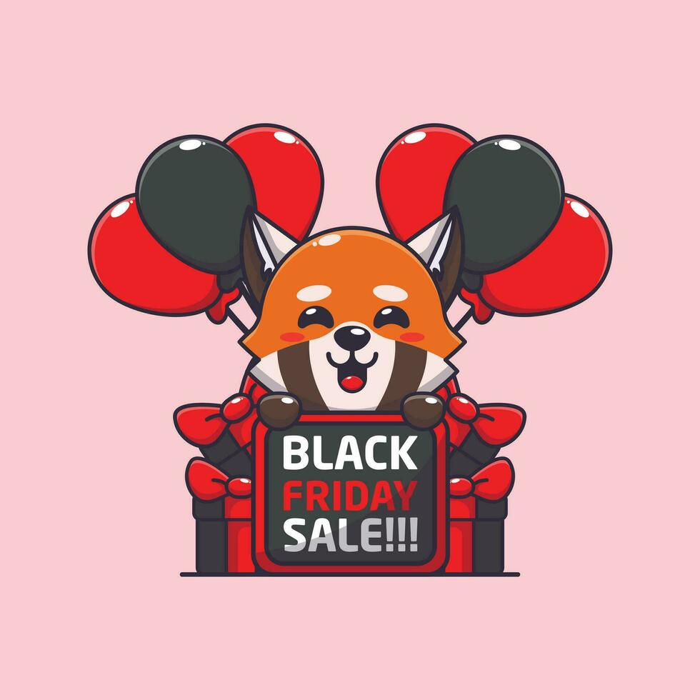 cute red panda happy in black friday sale cartoon vector illustration