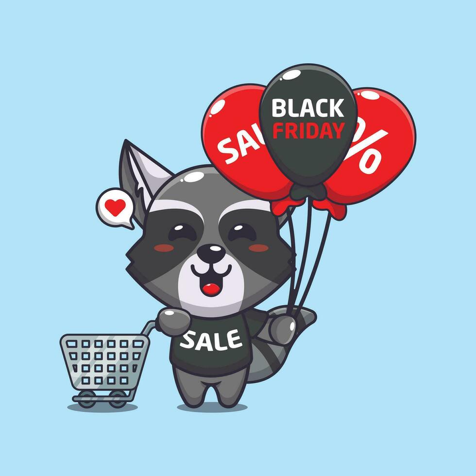 cute raccoon with shopping cart and balloon at black friday sale cartoon vector illustration