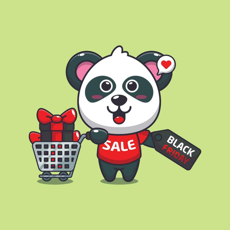 linda panda con compras carro y descuento cupón negro viernes rebaja dibujos animados vector ilustración