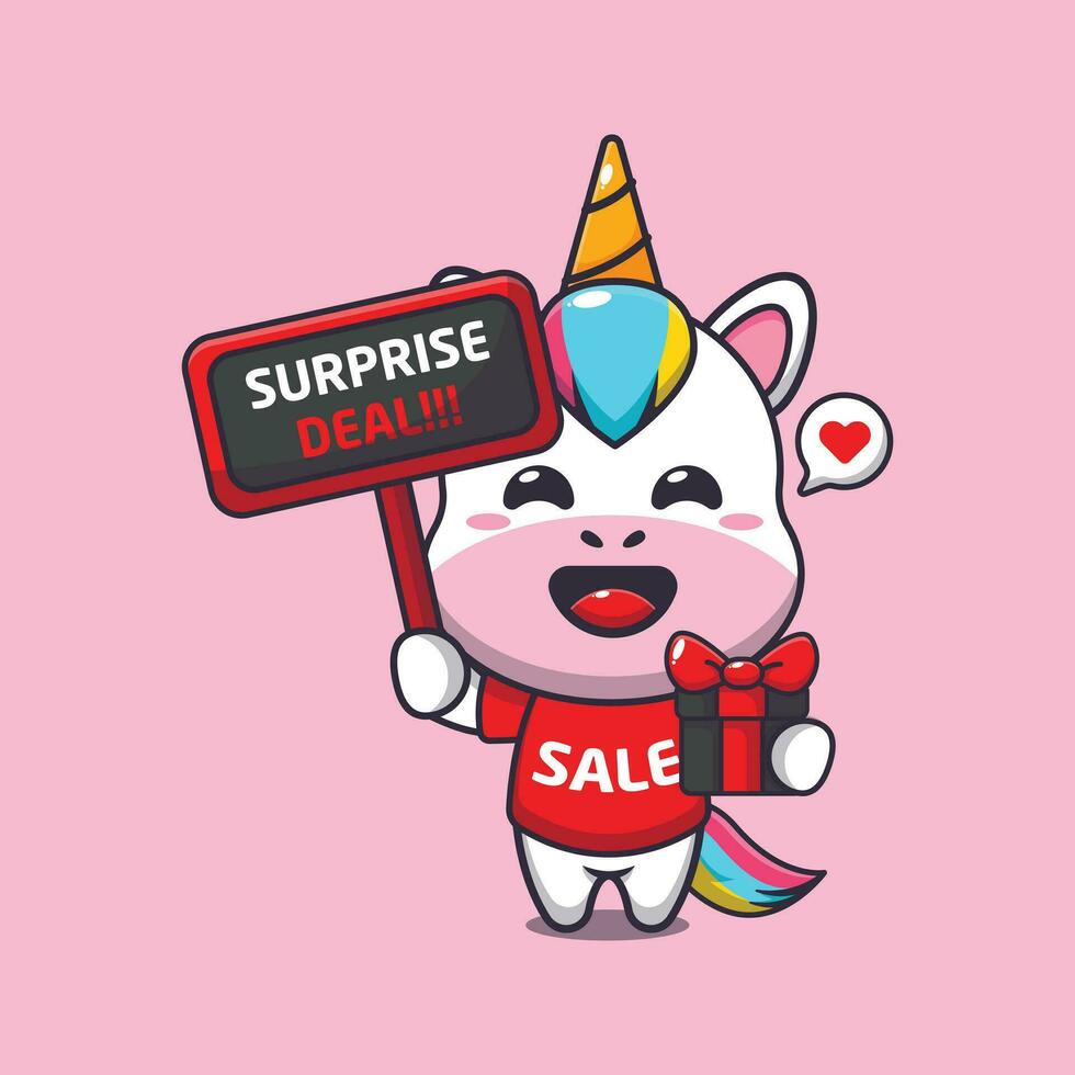 cute unicorn with promotion sign and gift box in black friday sale cartoon vector illustration