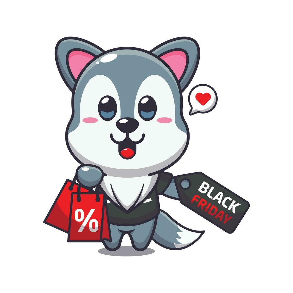 cute wolf with shopping bag and black friday sale discount cartoon vector illustration