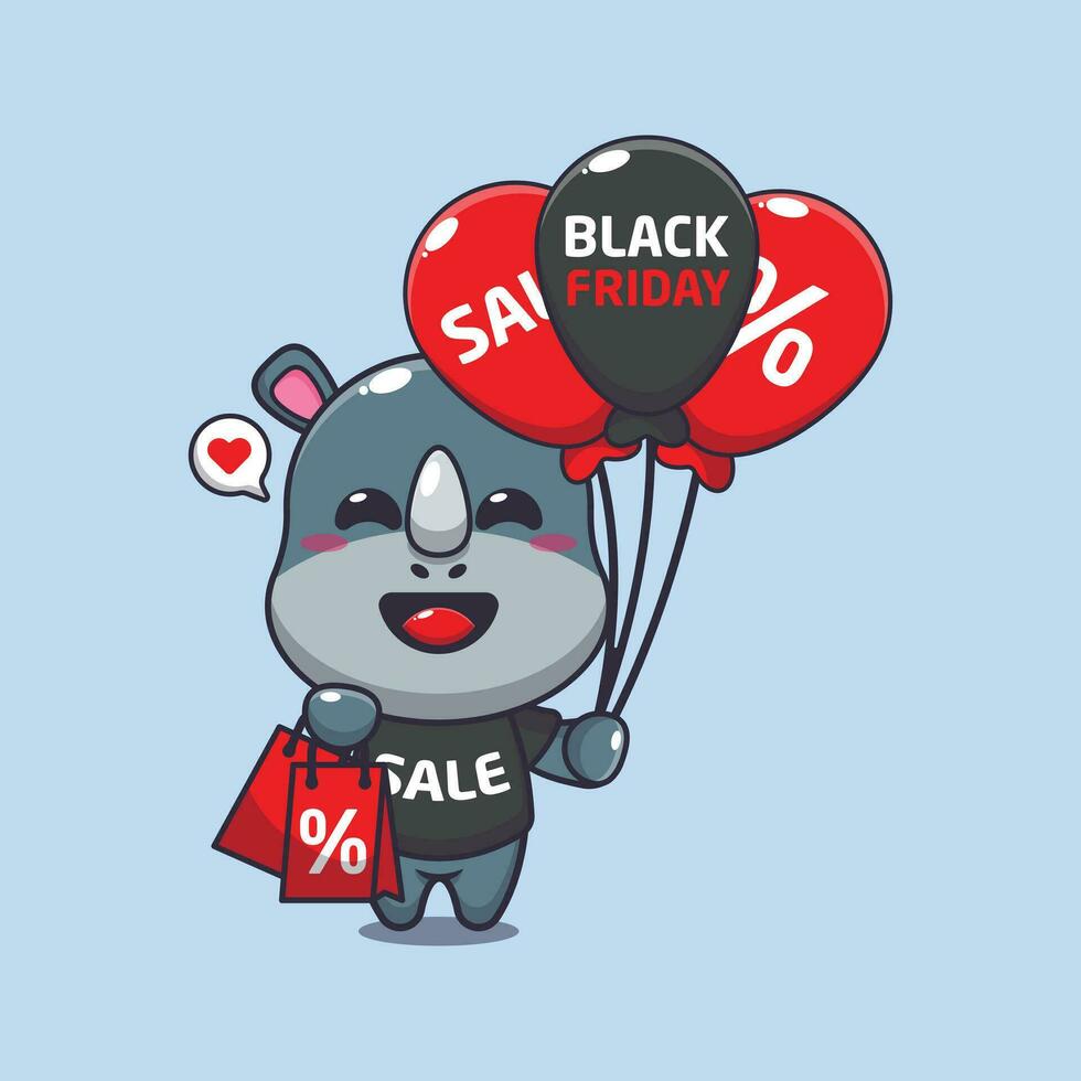 cute rhino with shopping bag and balloon at black friday sale cartoon vector illustration
