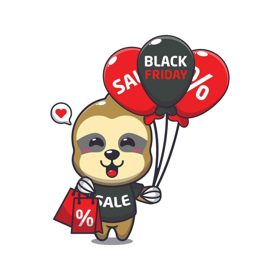 cute sloth with shopping bag and balloon at black friday sale cartoon vector illustration