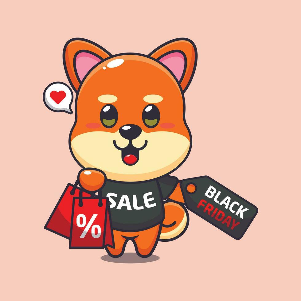 cute shiba inu with shopping bag and black friday sale discount cartoon vector illustration