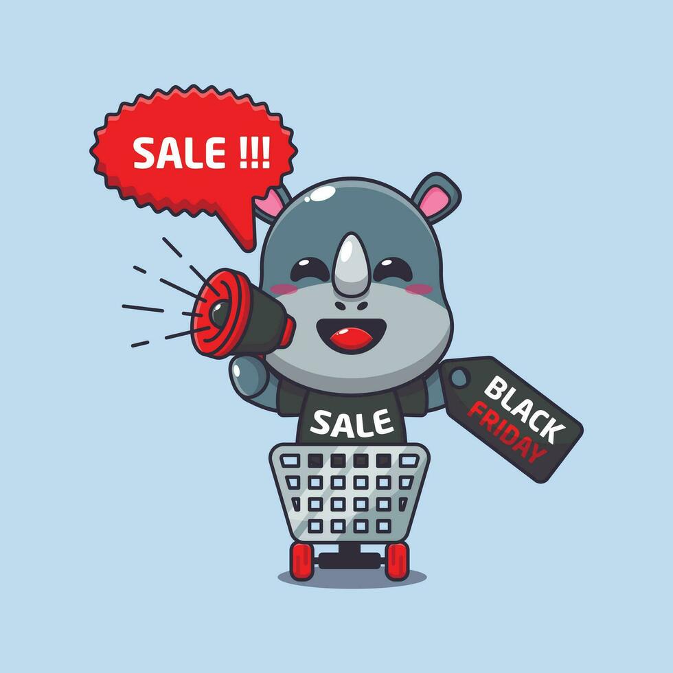 cute rhino in shopping cart is promoting black friday sale with megaphone cartoon vector illustration