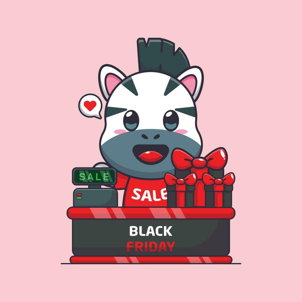 cute zebra with cashier table in black friday sale cartoon vector illustration