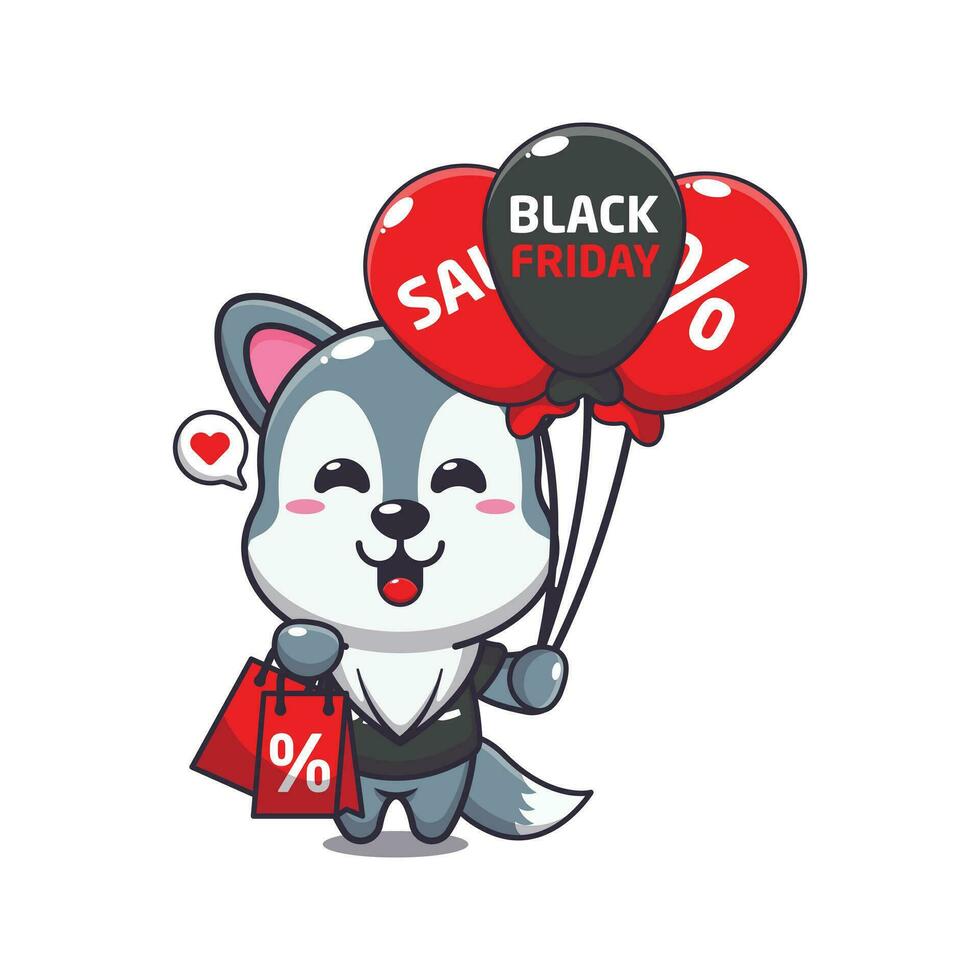 cute wolf with shopping bag and balloon at black friday sale cartoon vector illustration
